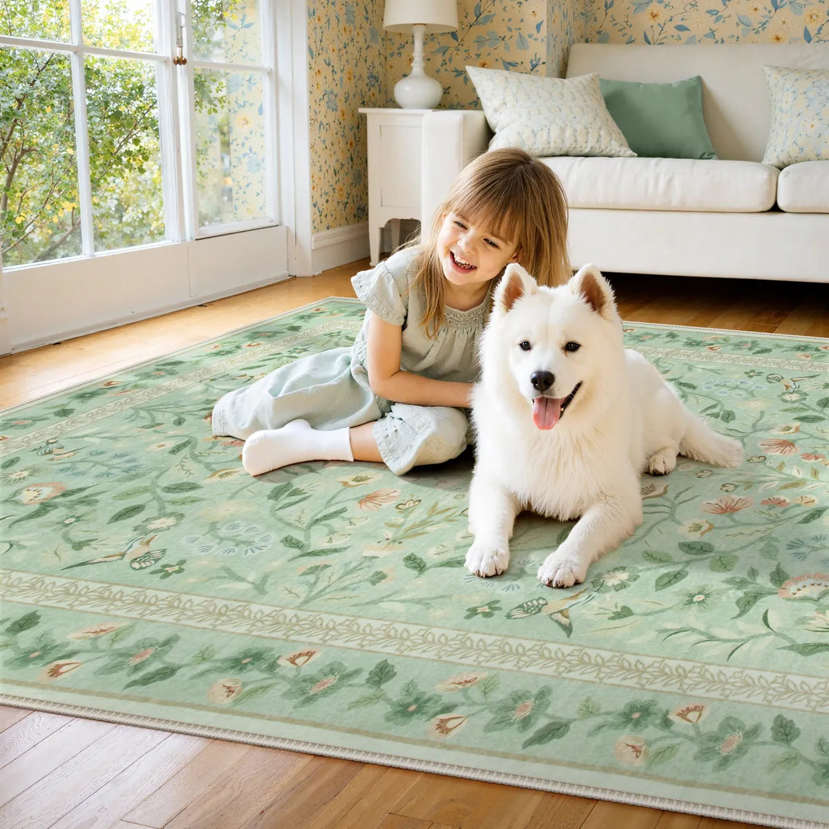 Celeste Washable Vintage Floral Light Green Area Rug Area Rugs Lahome 5' x 7'