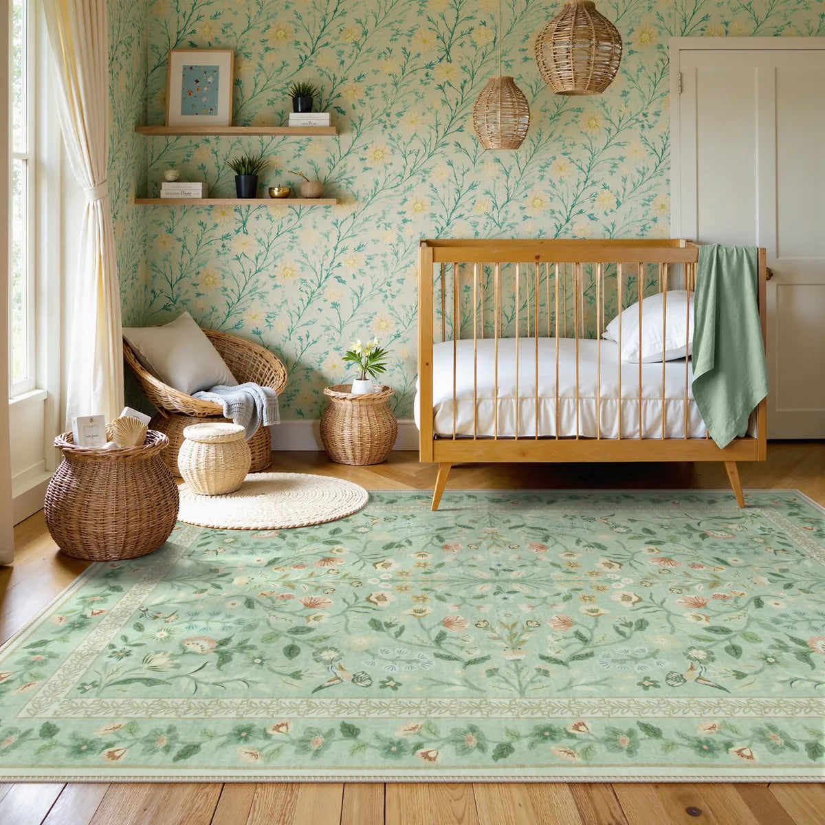 Celeste Washable Vintage Floral Light Green Area Rug Area Rugs Lahome