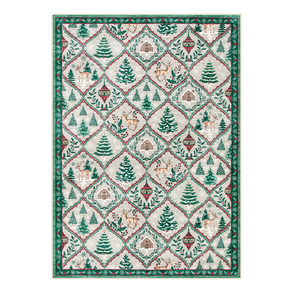 Glace Christmas Washable Tree and Reindeer Green/Beige Rug Area Rugs Lahome