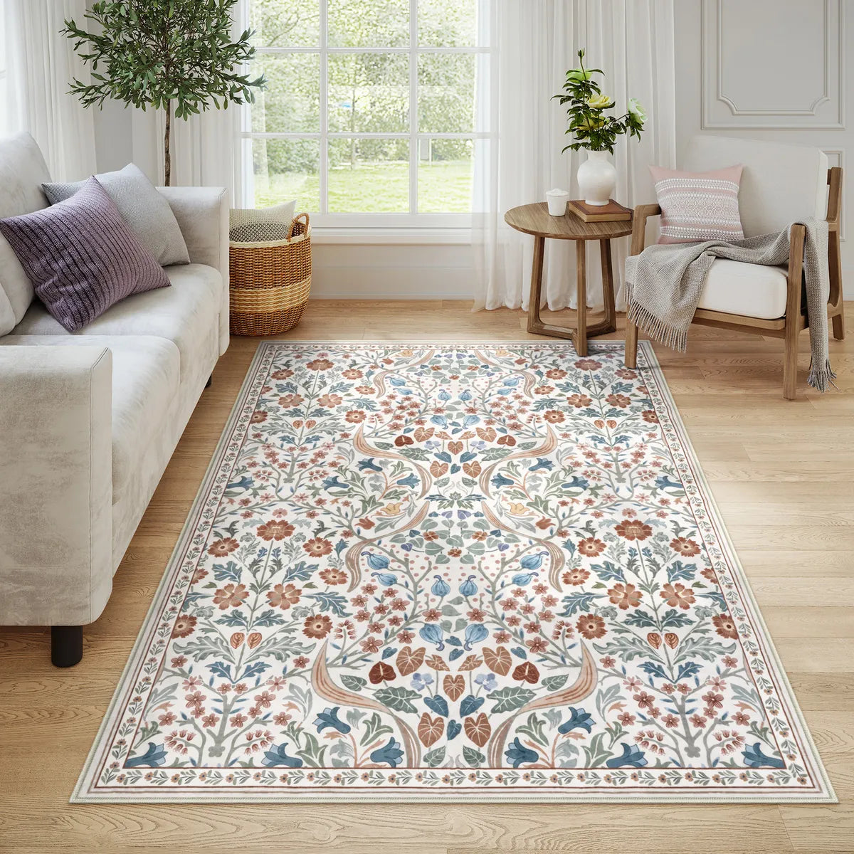 Claude Washable Maximalism Vibrant Blossom Floral Beige Rug Area Rugs Lahome