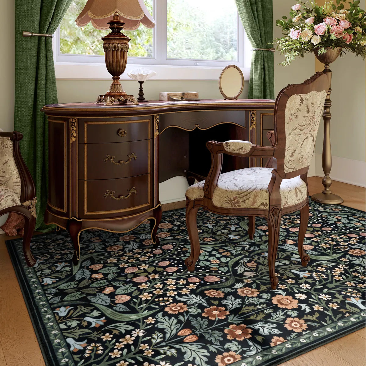 Claude Washable Maximalism Vibrant Blossom Floral Black Rug Area Rugs Lahome