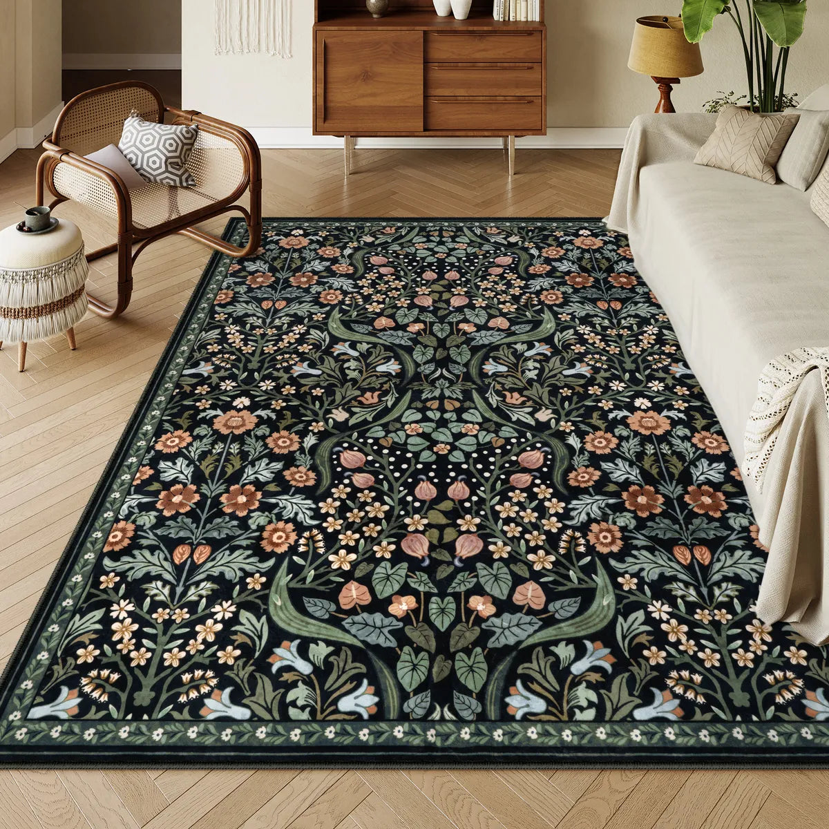 Claude Washable Maximalism Vibrant Blossom Floral Black Rug Area Rugs Lahome 5' x 7'