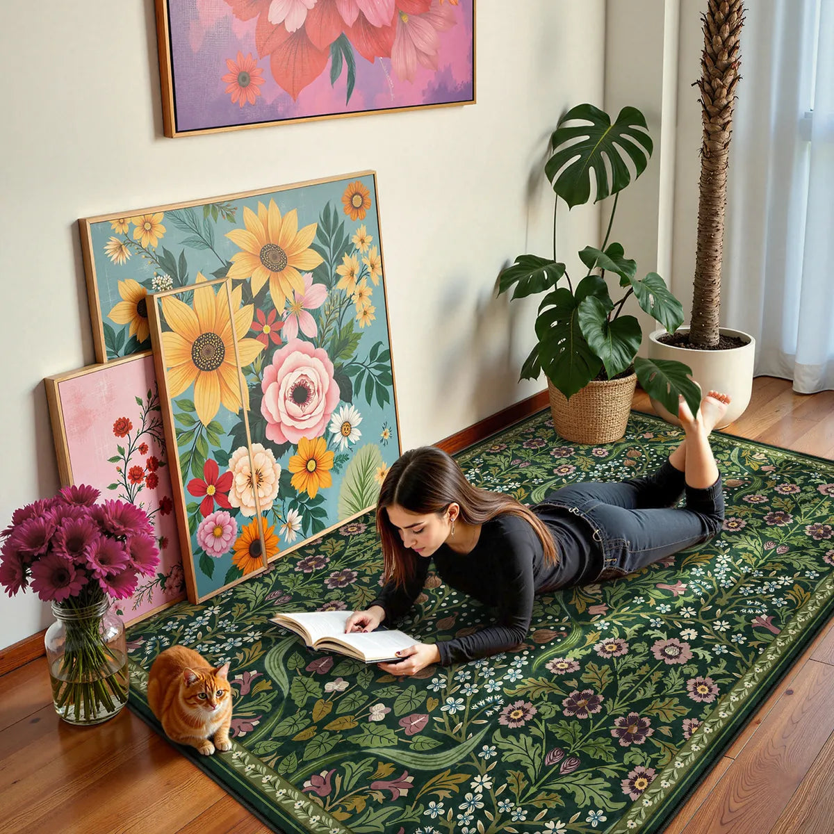 Claude Washable Maximalism Vibrant Blossom Floral Dark Green Rug Area Rugs Lahome