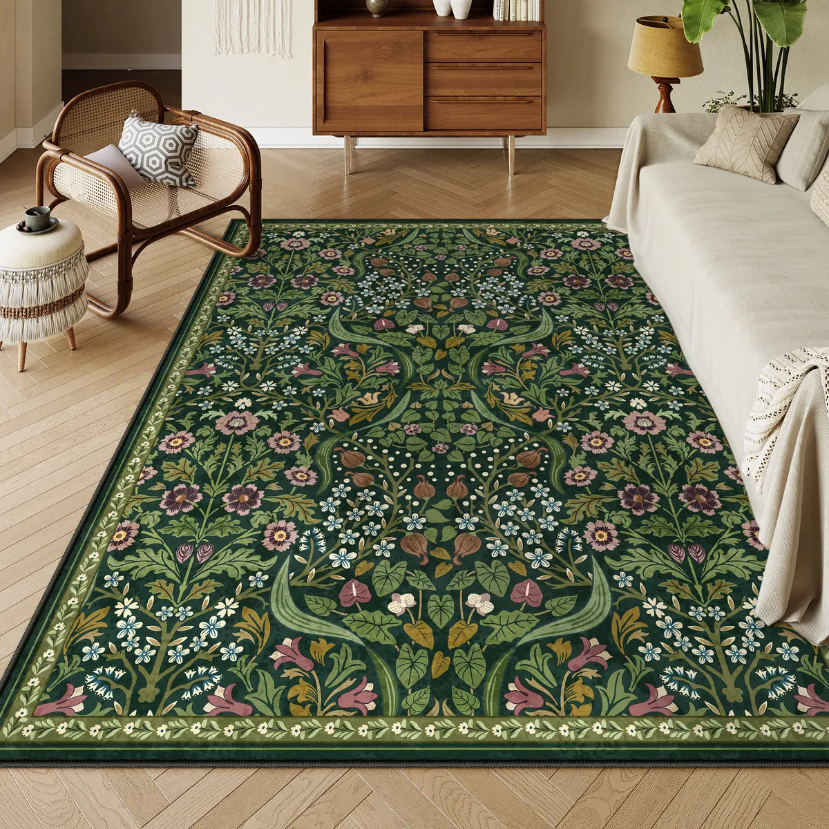 Claude Washable Maximalism Vibrant Blossom Floral Dark Green Rug Area Rugs Lahome 5' x 7'