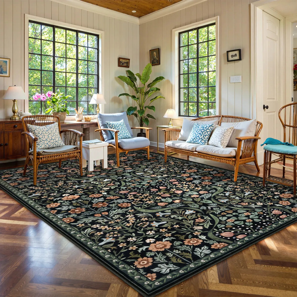 Claude Washable Maximalism Vibrant Blossom Floral Black Rug Area Rugs Lahome