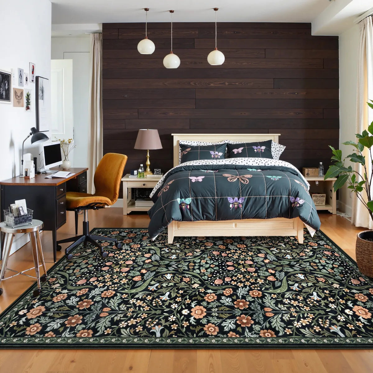 Claude Washable Maximalism Vibrant Blossom Floral Black Rug Area Rugs Lahome