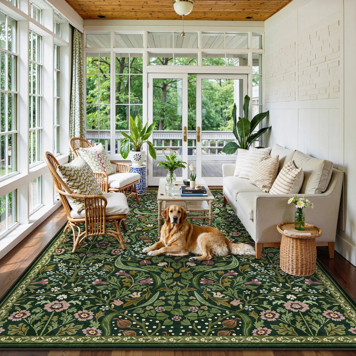 Claude Washable Maximalism Vibrant Blossom Floral Dark Green Rug Area Rugs Lahome