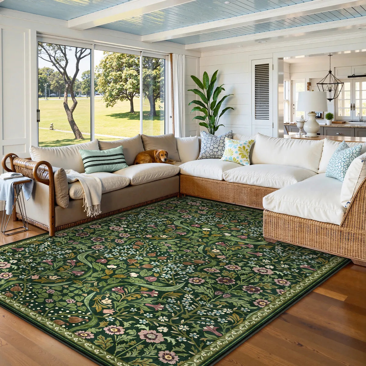 Claude Washable Maximalism Vibrant Blossom Floral Dark Green Rug Area Rugs Lahome