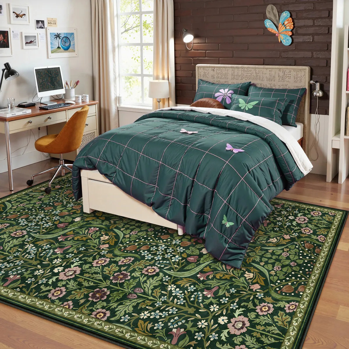 Claude Washable Maximalism Vibrant Blossom Floral Dark Green Rug Area Rugs Lahome