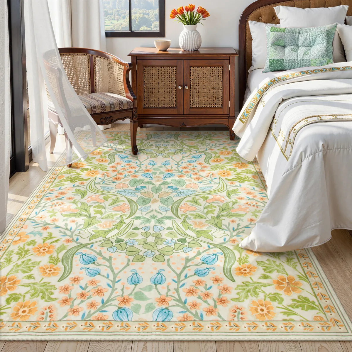 Claude Washable Maximalism Vibrant Floral Light Green Rug Area Rugs Lahome