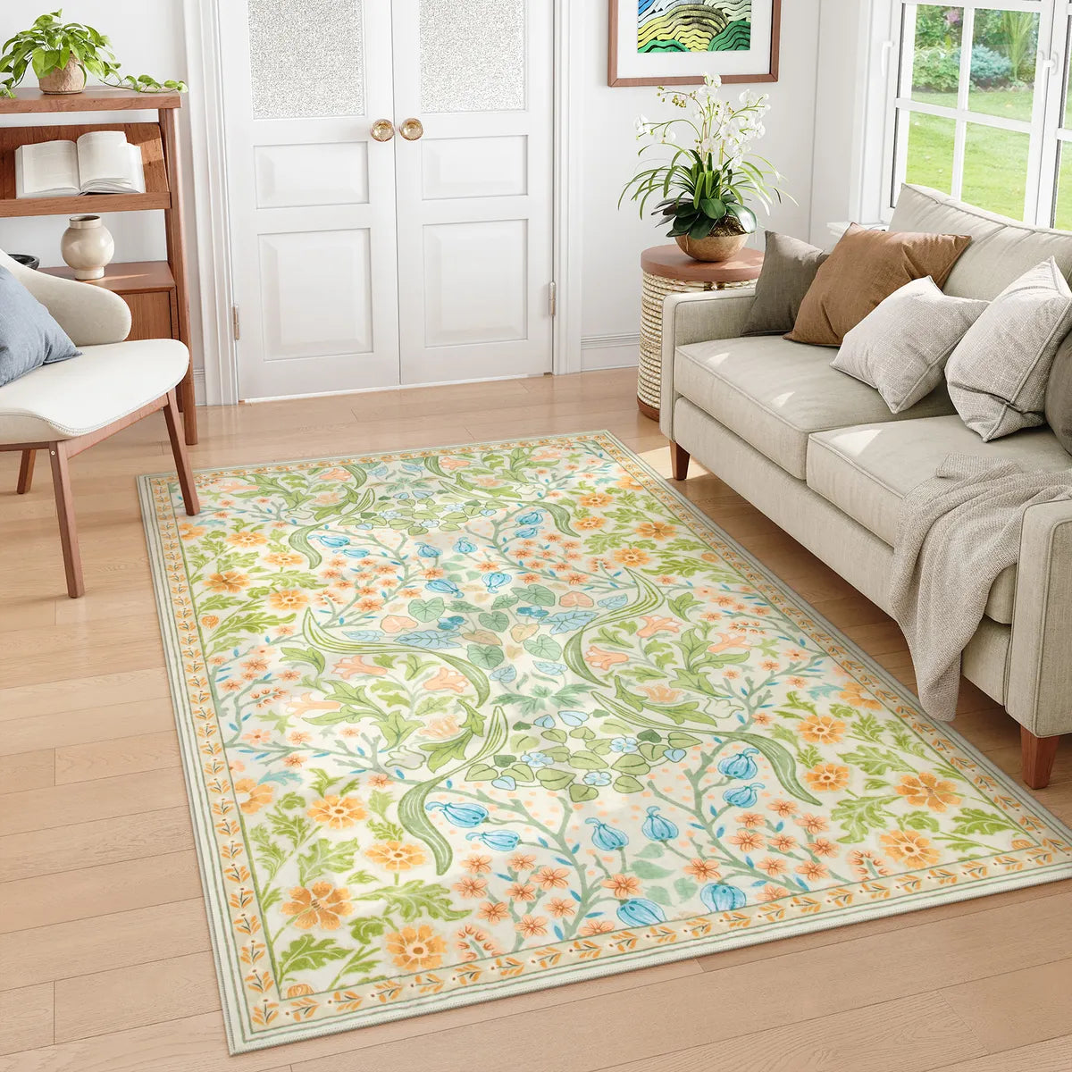 Claude Washable Maximalism Vibrant Floral Light Green Rug Area Rugs Lahome 5' x 7'
