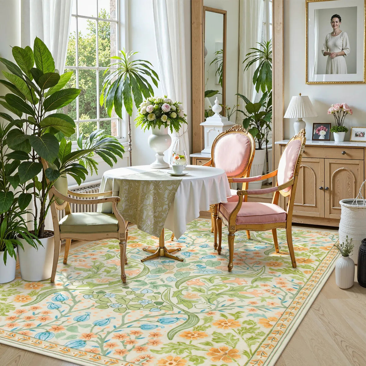 Claude Washable Maximalism Vibrant Floral Light Green Rug Area Rugs Lahome