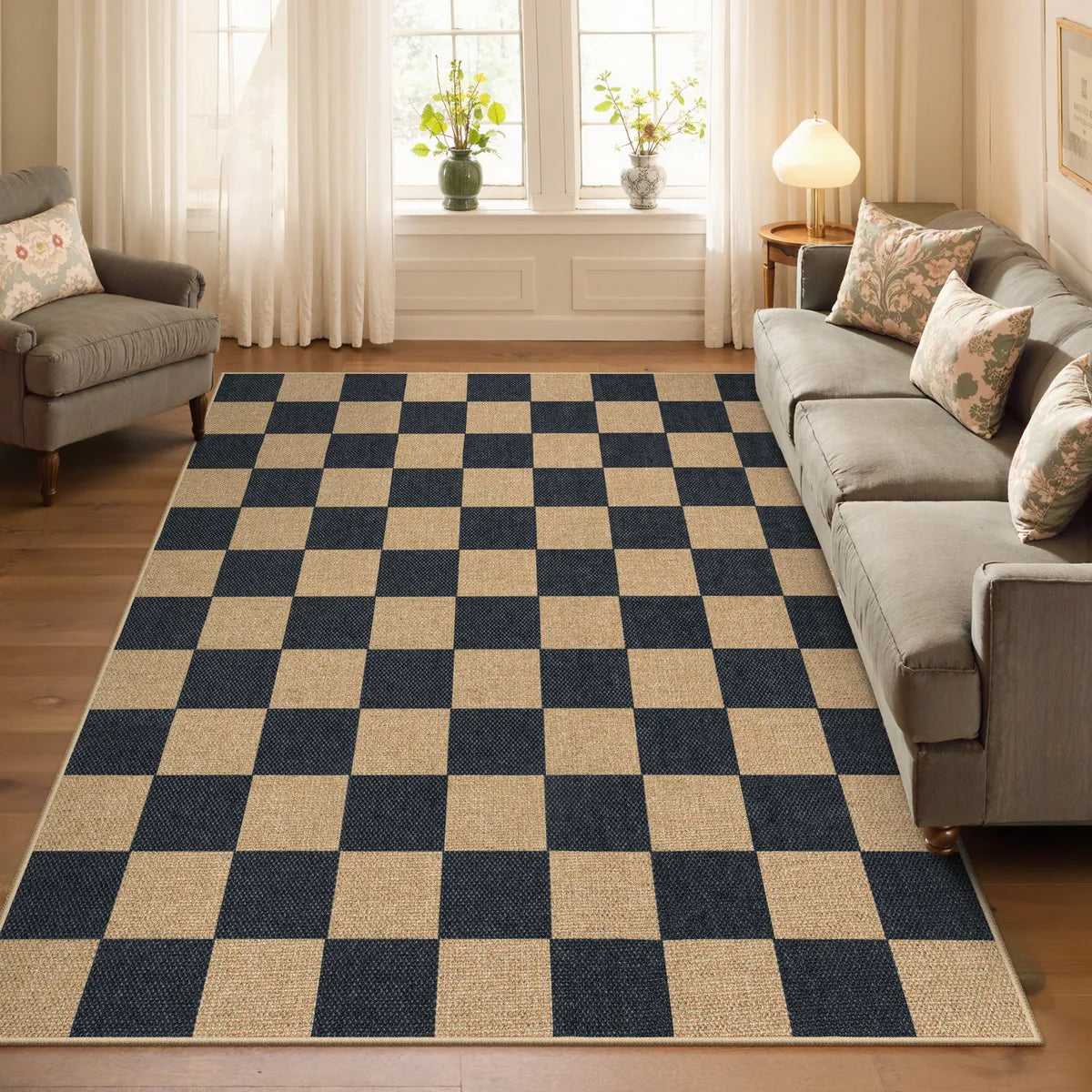 Colette Washable Checkered Easy Jute Natural Black Indoor/Outdoor Rug Easy Jute Area Rug Lahome 5' x 7'