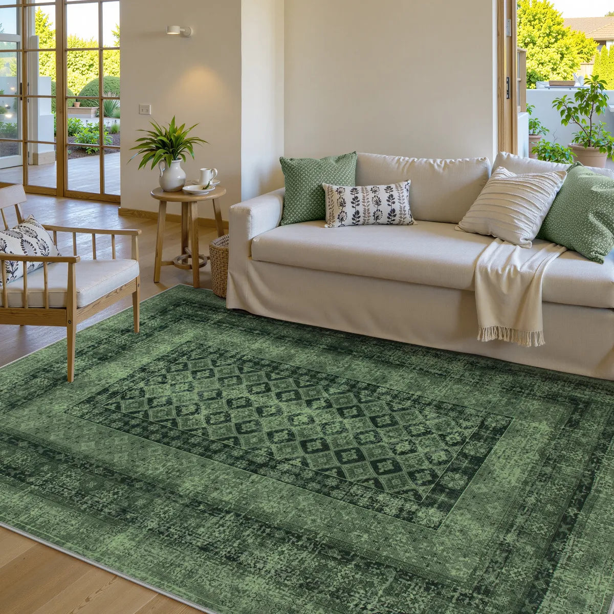 Daisy Washable Vintage Farmhouse Distressed Green Rug Area Rugs Lahome 5' x 7'