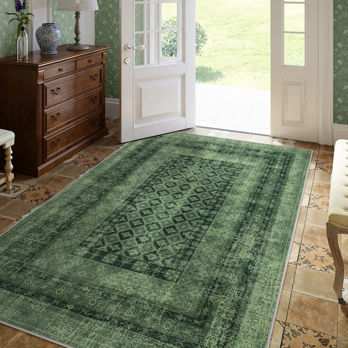 Daisy Washable Vintage Farmhouse Distressed Green Rug Area Rugs Lahome