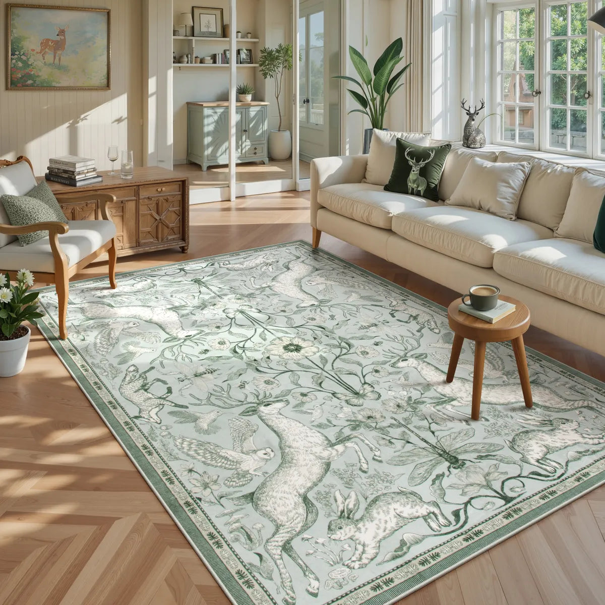 Dorval Washable Vintage Woodland Sage Green Rug Area Rugs Lahome 5' x 7'
