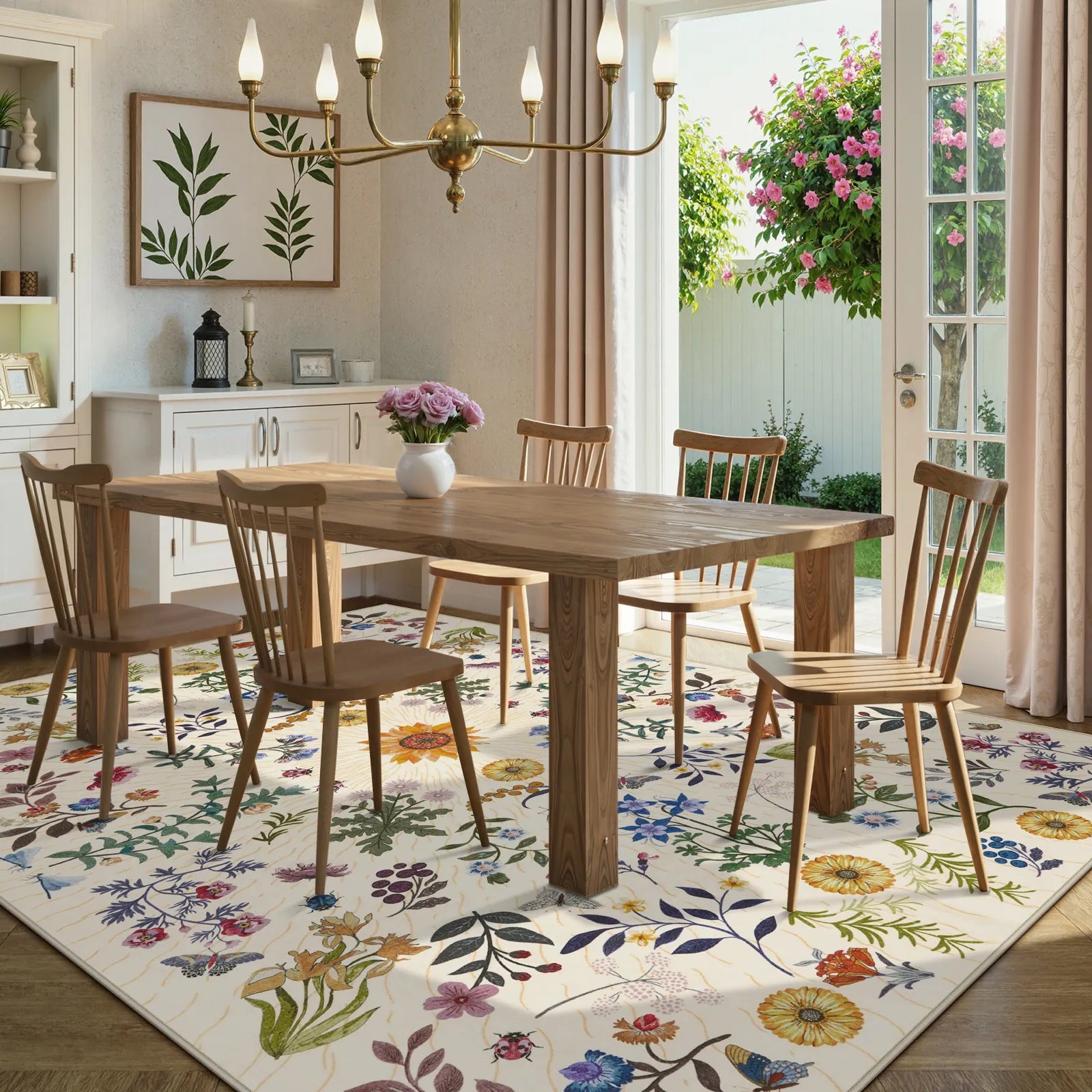 Eclore Washable Boho Botanical Floral Beige Rug Area Rugs Lahome