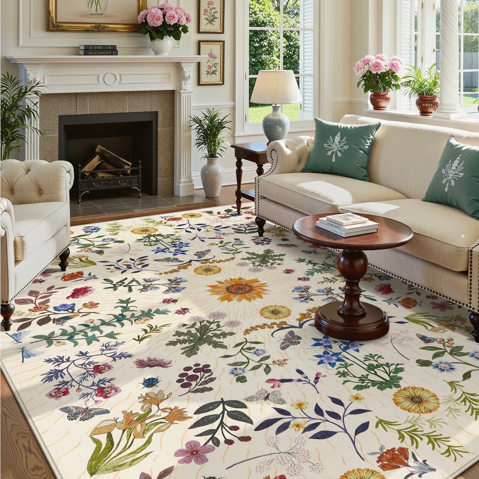 Eclore Washable Boho Botanical Floral Beige Rug Area Rugs Lahome