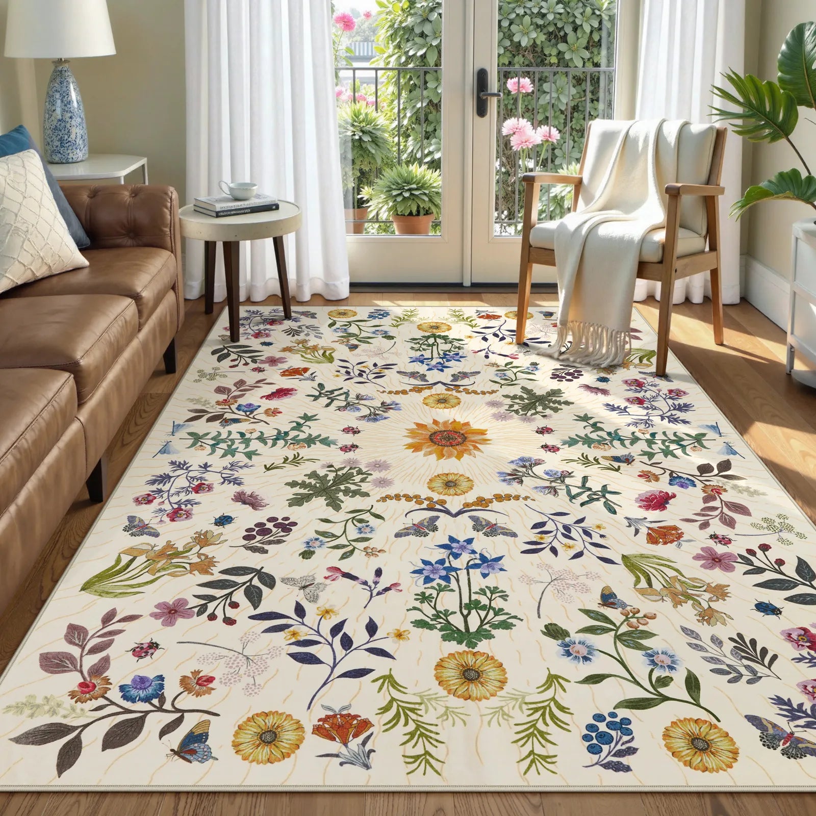 Eclore Washable Boho Botanical Floral Beige Rug Area Rugs Lahome 5' x 7'