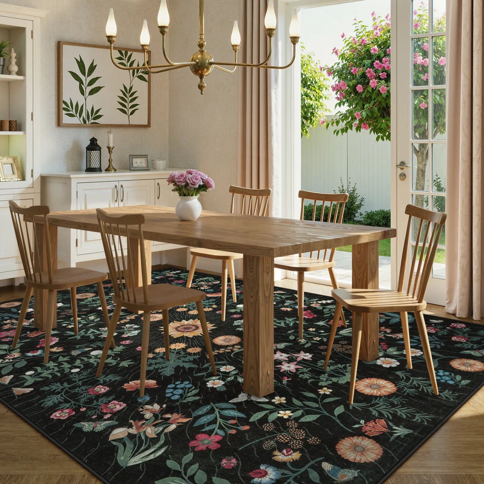 Eclore Washable Boho Botanical Floral Black Rug Area Rugs Lahome