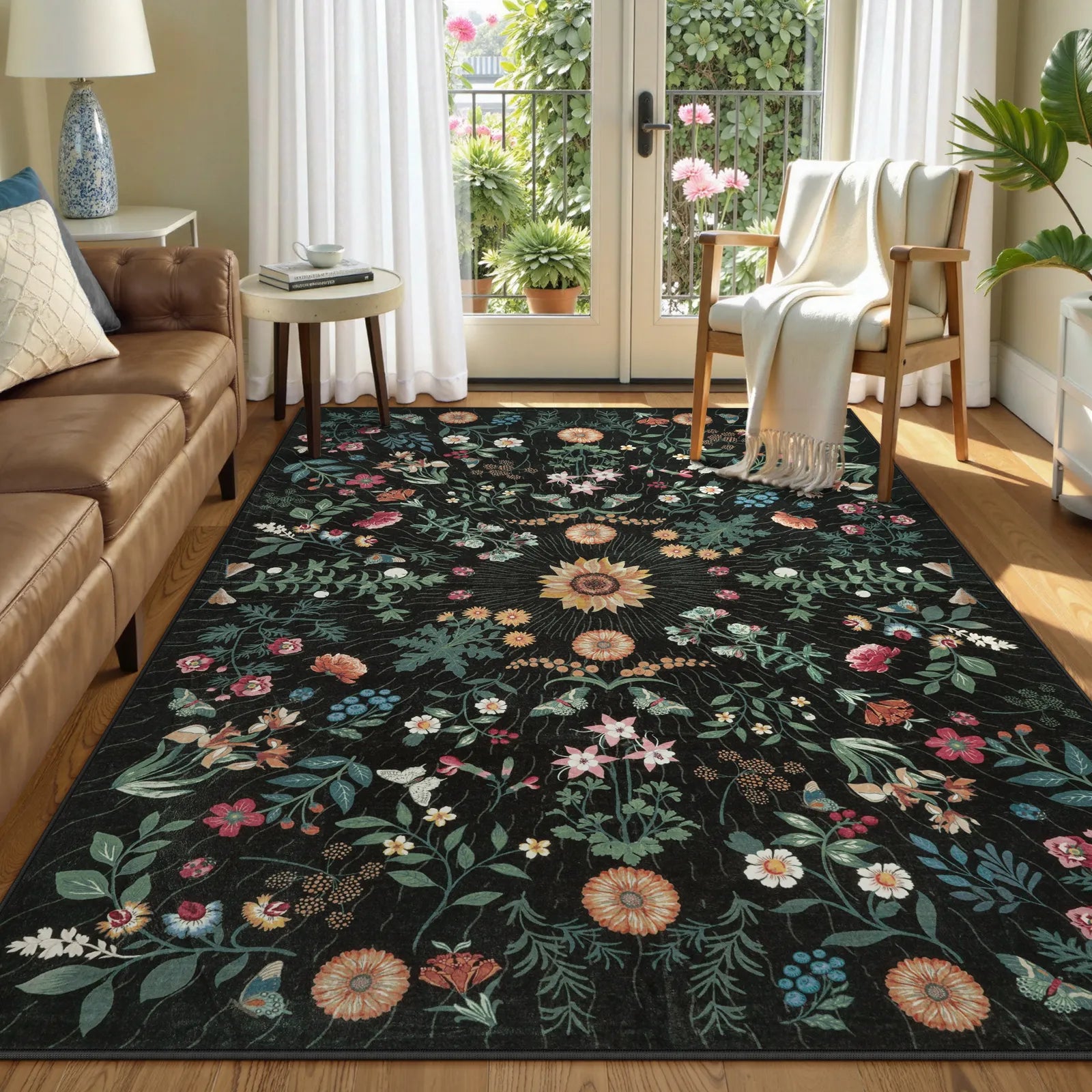 Eclore Washable Boho Botanical Floral Black Rug Area Rugs Lahome 5' x 7'