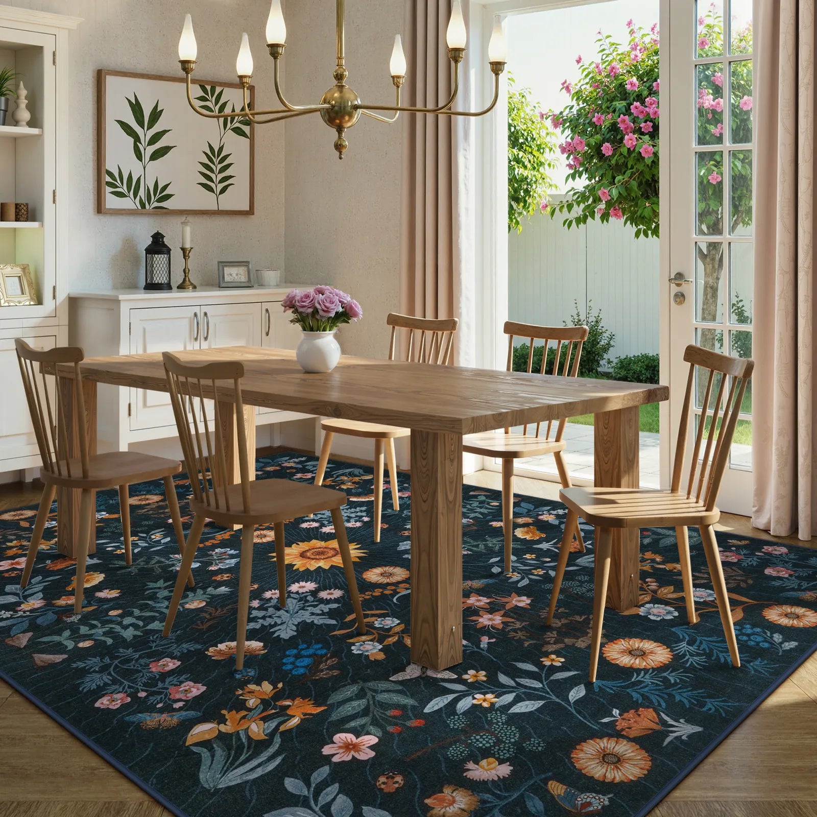 Eclore Washable Boho Botanical Floral Blue Rug Area Rugs Lahome