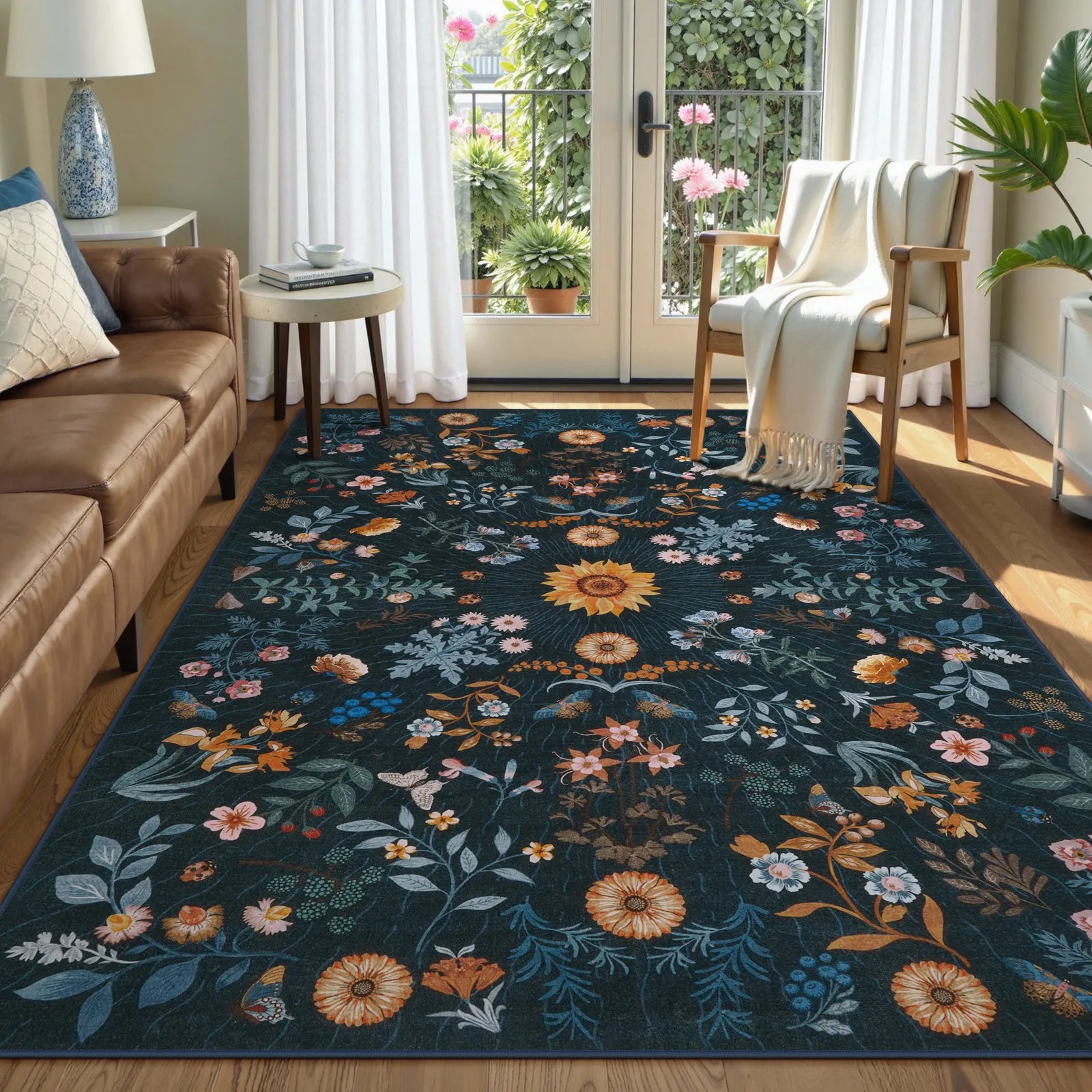 Eclore Washable Boho Botanical Floral Blue Rug Area Rugs Lahome 5' x 7'