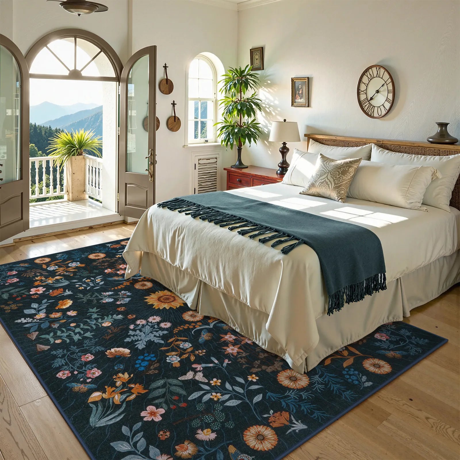 Eclore Washable Boho Botanical Floral Blue Rug Area Rugs Lahome