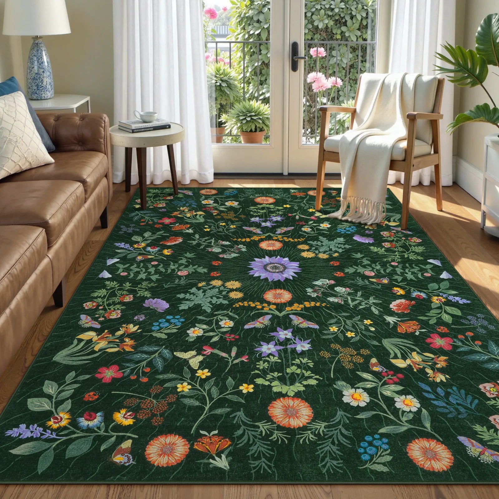 Eclore Washable Boho Botanical Floral Green Rug Area Rugs Lahome 5' x 7'
