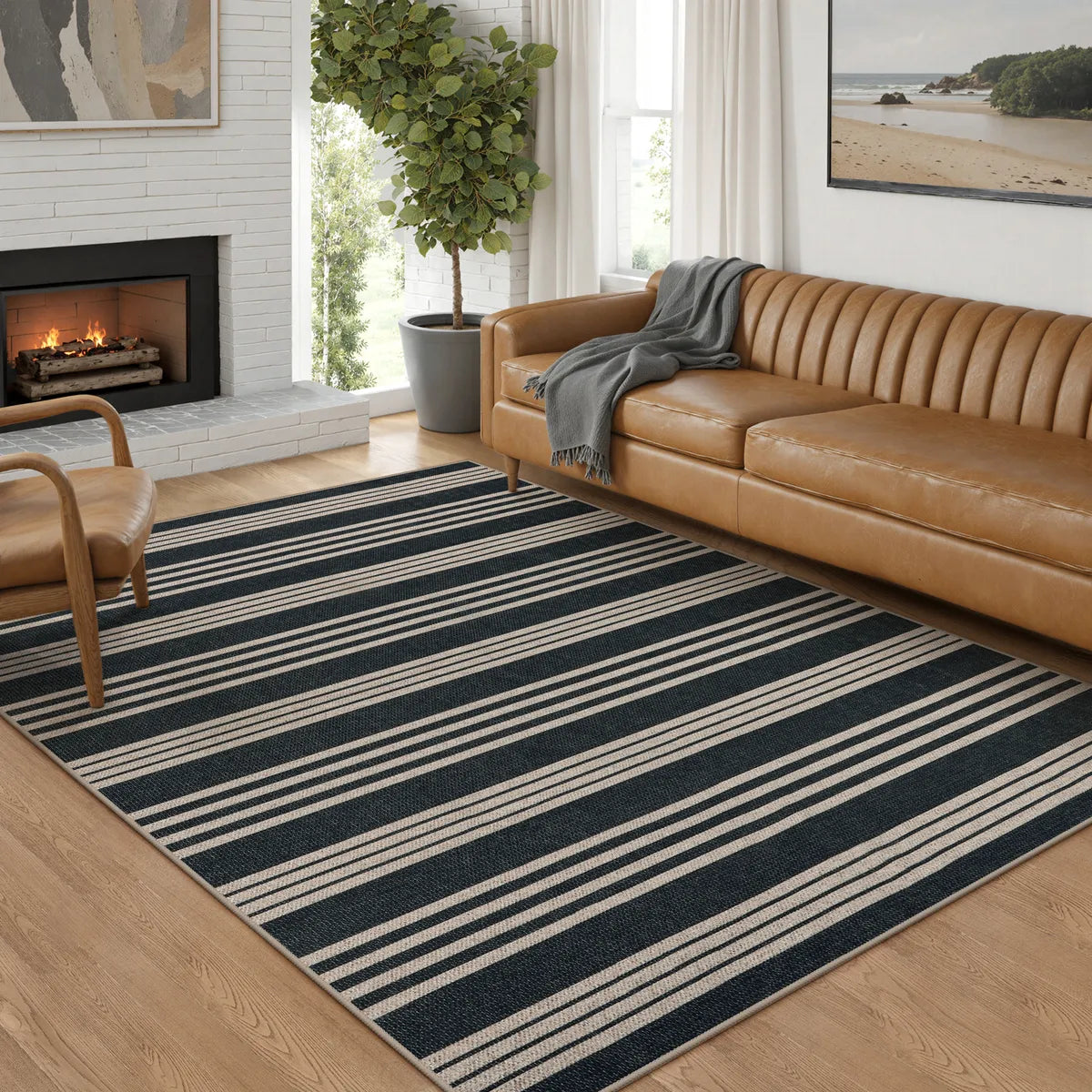 Elance Washable Modern Stripe Easy Jute Mix Black Indoor/Outdoor Rug Easy Jute Rug Lahome