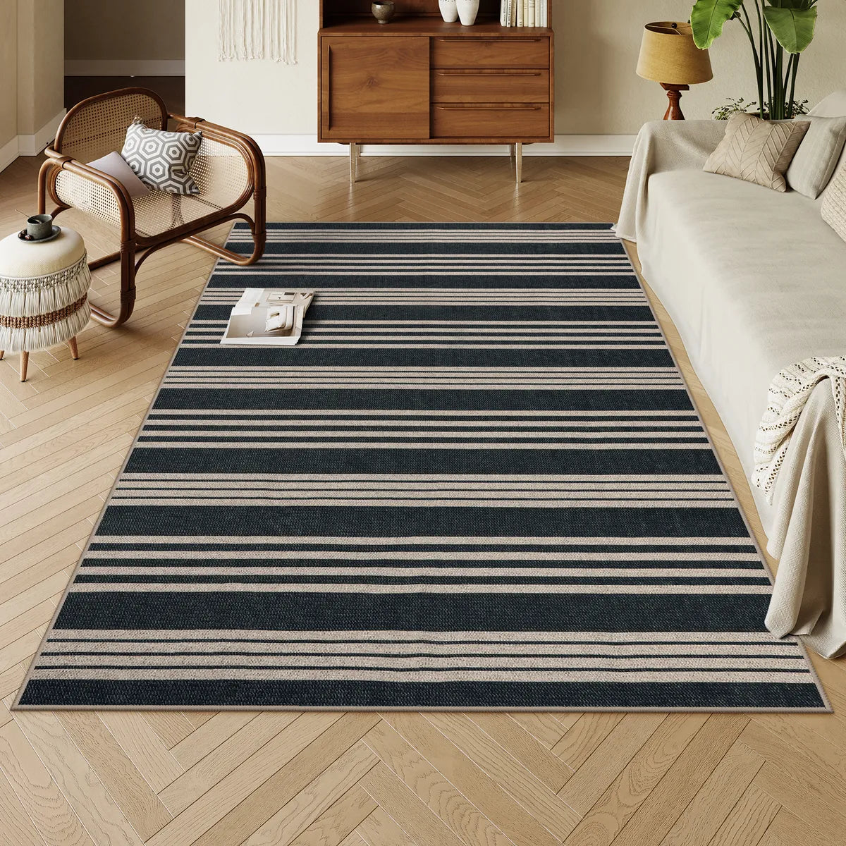 Elance Washable Modern Stripe Easy Jute Mix Black Indoor/Outdoor Rug Easy Jute Rug Lahome 5' x 7'