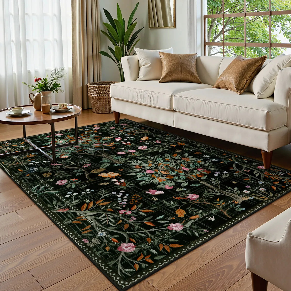 Elowen Washable Boho Forest Botanical Black Runner Rug Rugs Lahome