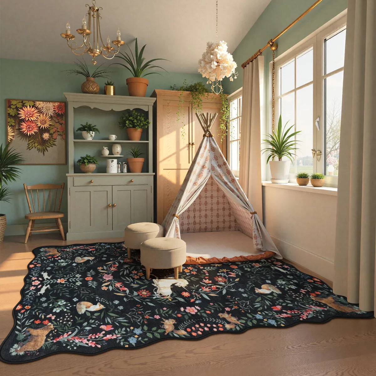 Elysia Washable Maximalist Unicorn Garden Black Rug Area Rugs Lahome 5' x 7'
