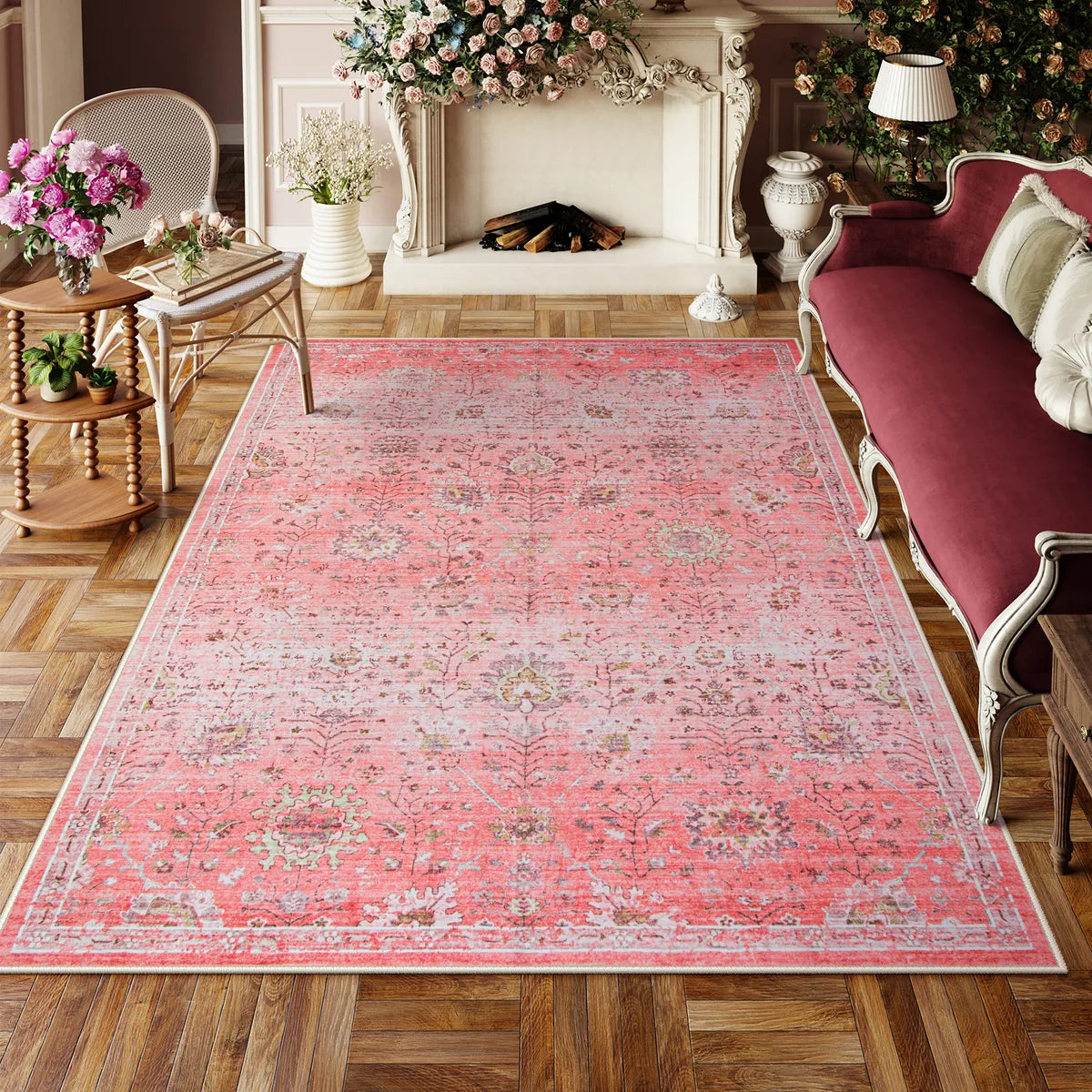 Flavie Washable Boho Parisian Floral Aesthetic Dark Pink Rug Area Rugs Lahome 5' x 7'