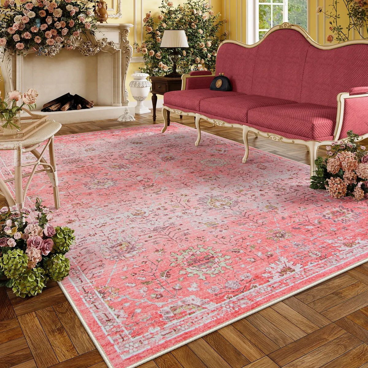 Flavie Washable Boho Parisian Floral Aesthetic Dark Pink Rug Area Rugs Lahome