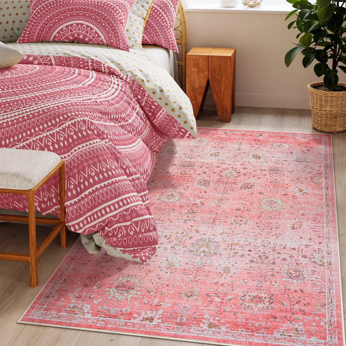 Flavie Washable Boho Parisian Floral Aesthetic Dark Pink Rug Area Rugs Lahome