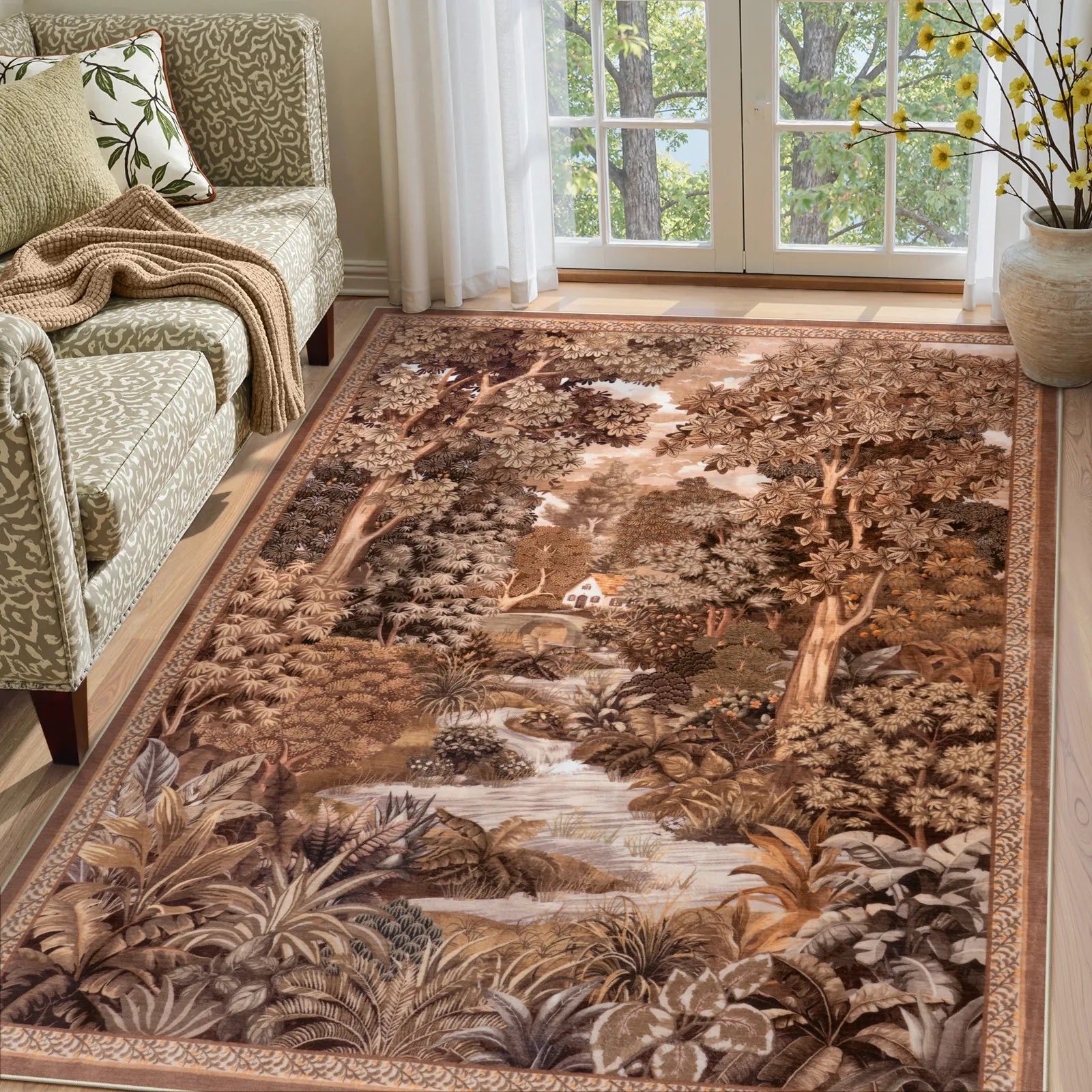 Foret Washable Vintage Forest Woodland Brown Rug Area Rugs Lahome 5' x 7'