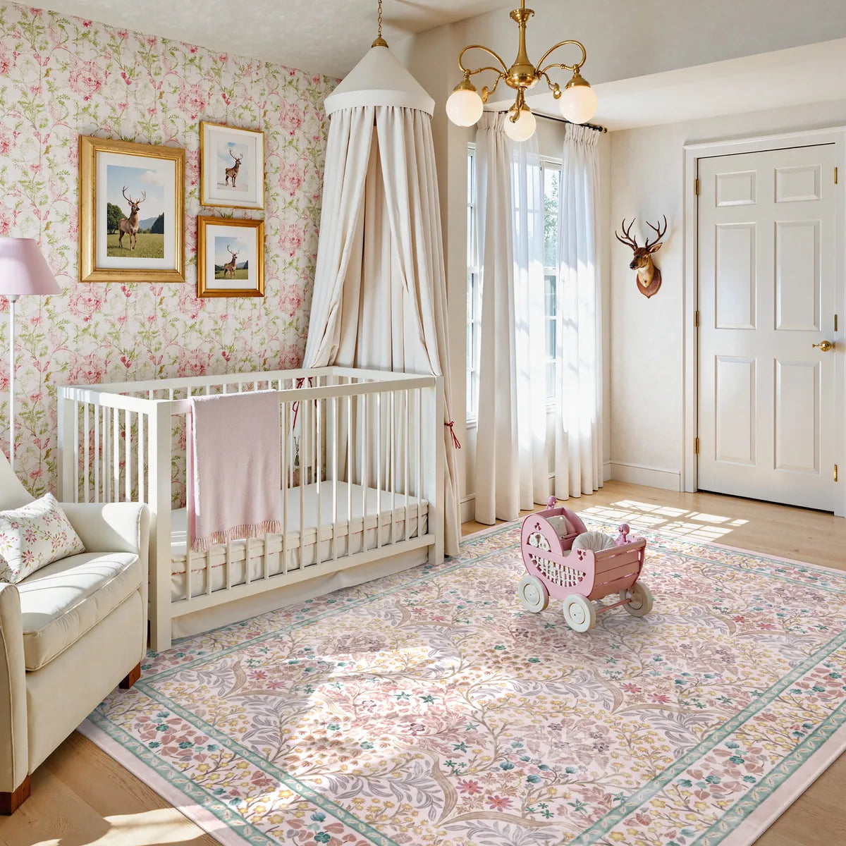 Giverny Washable Maximalism Vintage French Floral Pink Rug Rugs Lahome
