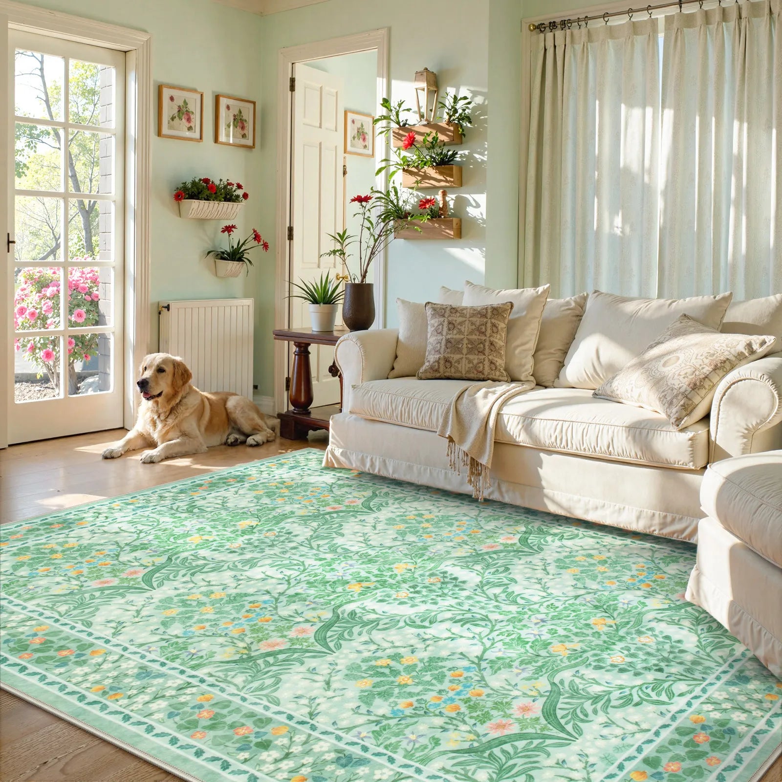 Giverny Washable Maximalism Vintage French Floral Sage Green Rug Rugs Lahome