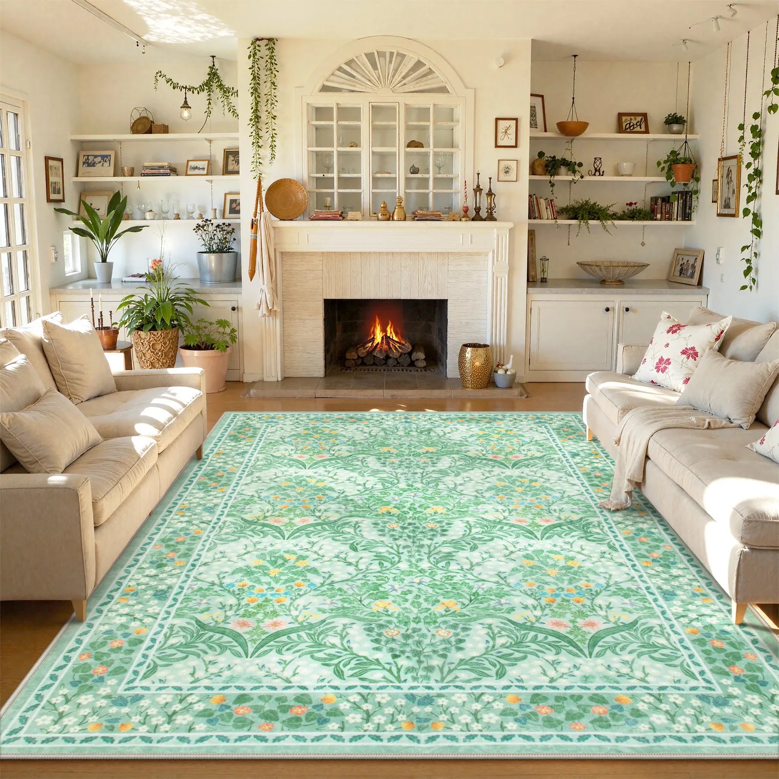 Giverny Washable Maximalism Vintage French Floral Sage Green Rug Rugs Lahome 5' x 7'