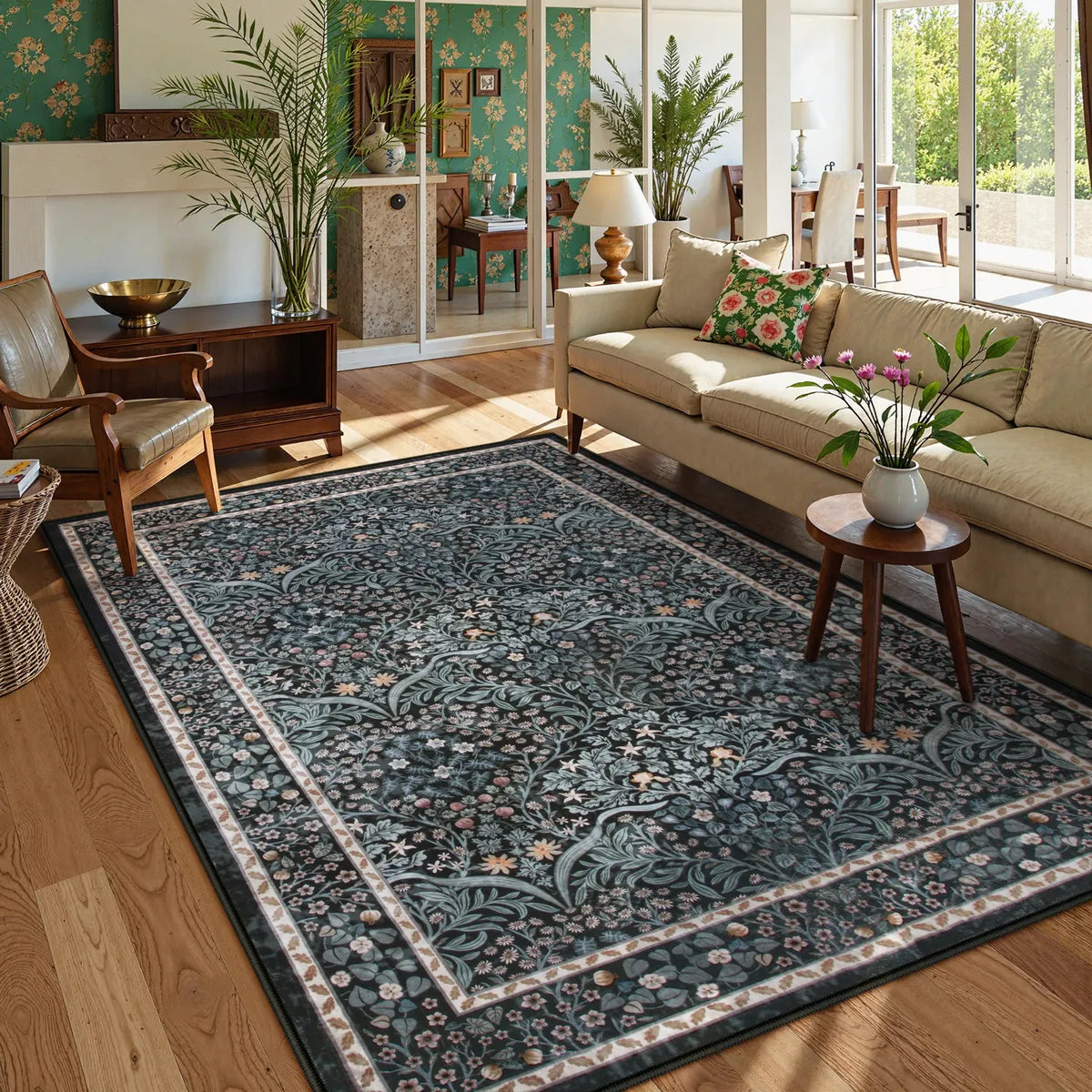 Giverny Washable Maximalism Vintage French Floral Black Rug Rugs Lahome