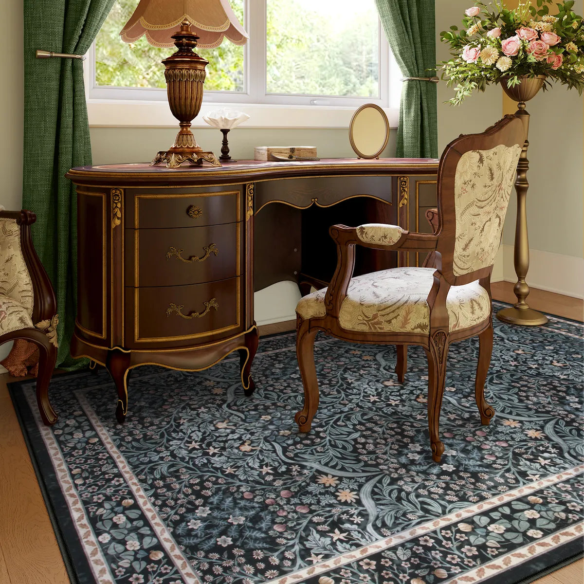Giverny Washable Maximalism Vintage French Floral Black Rug Rugs Lahome