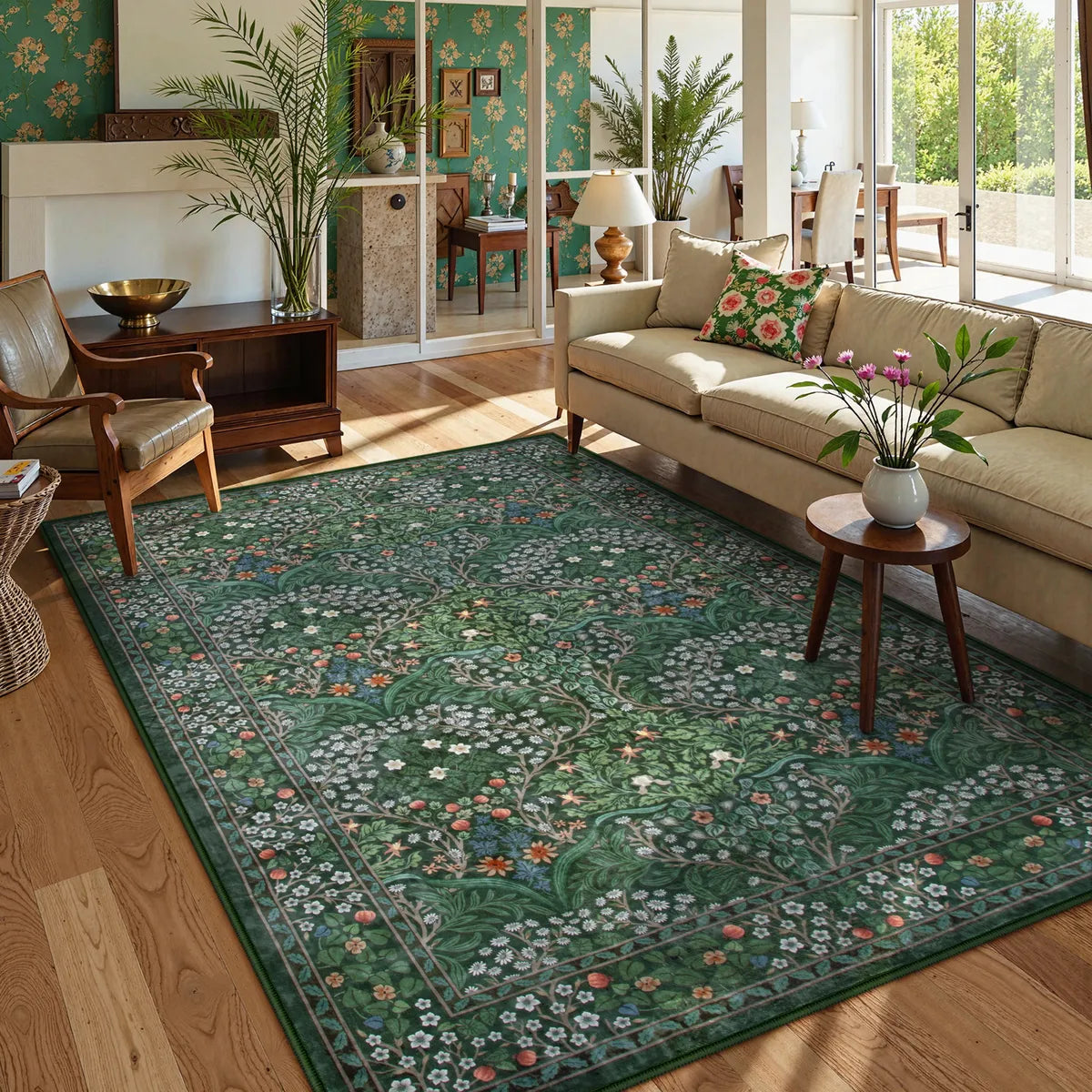 Giverny Washable Maximalism Vintage French Floral Dark Green Rug Rugs Lahome 5' x 7'