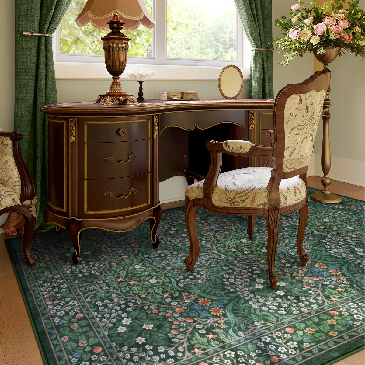 Giverny Washable Maximalism Vintage French Floral Dark Green Rug Rugs Lahome