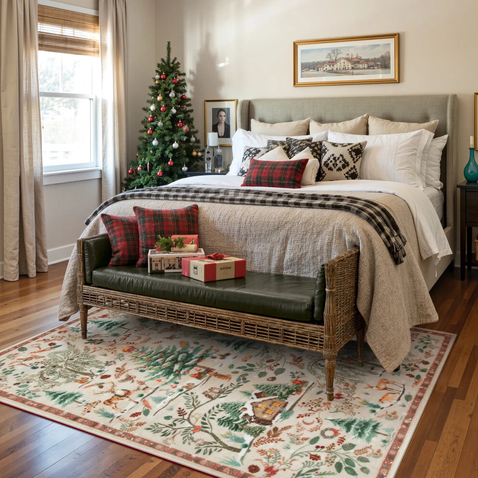 Jocelyn Christmas Washable Winter Woodland Cabin Beige Rug Area Rugs Lahome