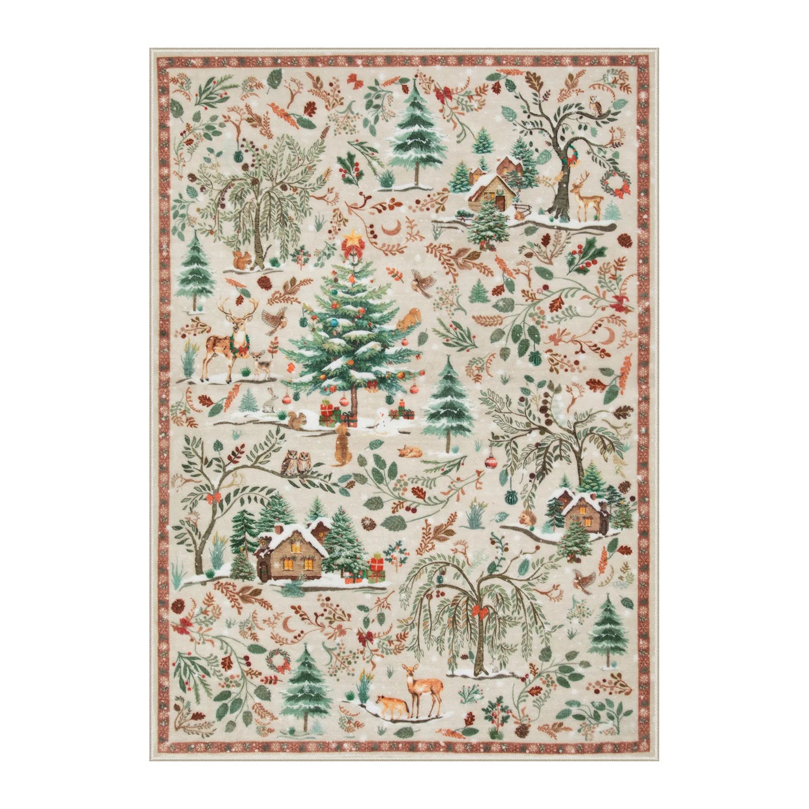 Jocelyn Christmas Washable Winter Woodland Cabin Beige Rug Area Rugs Lahome