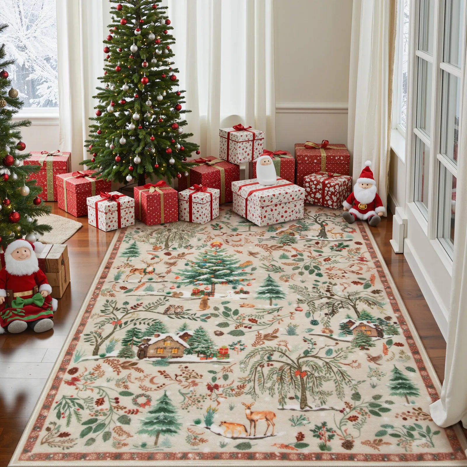 Jocelyn Christmas Washable Winter Woodland Cabin Beige Rug Area Rugs Lahome