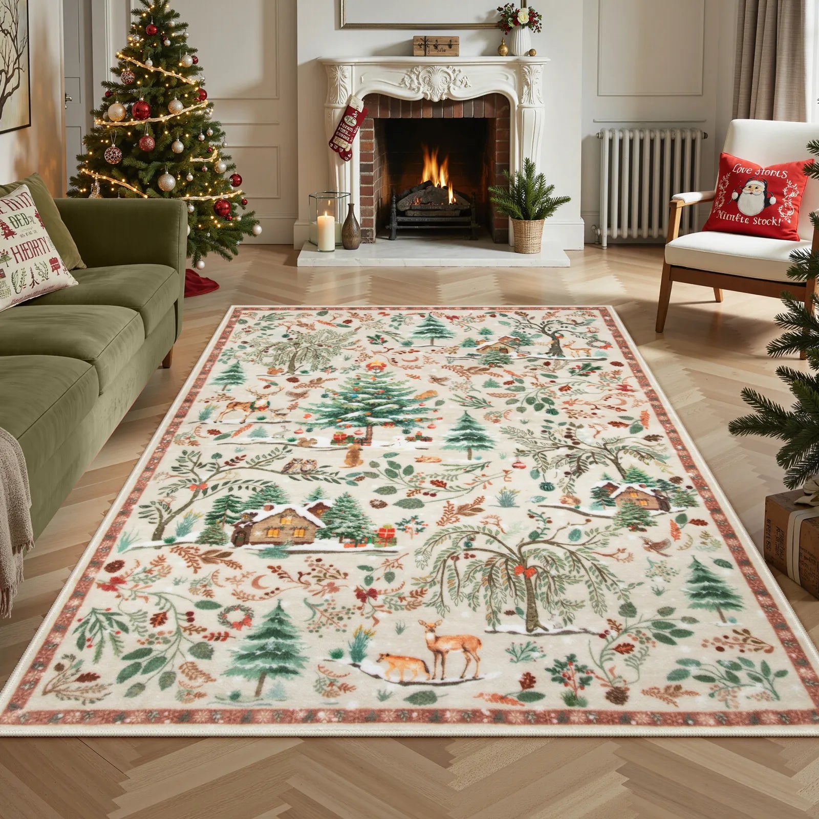 Jocelyn Christmas Washable Winter Woodland Cabin Beige Rug Area Rugs Lahome 5' x 7'