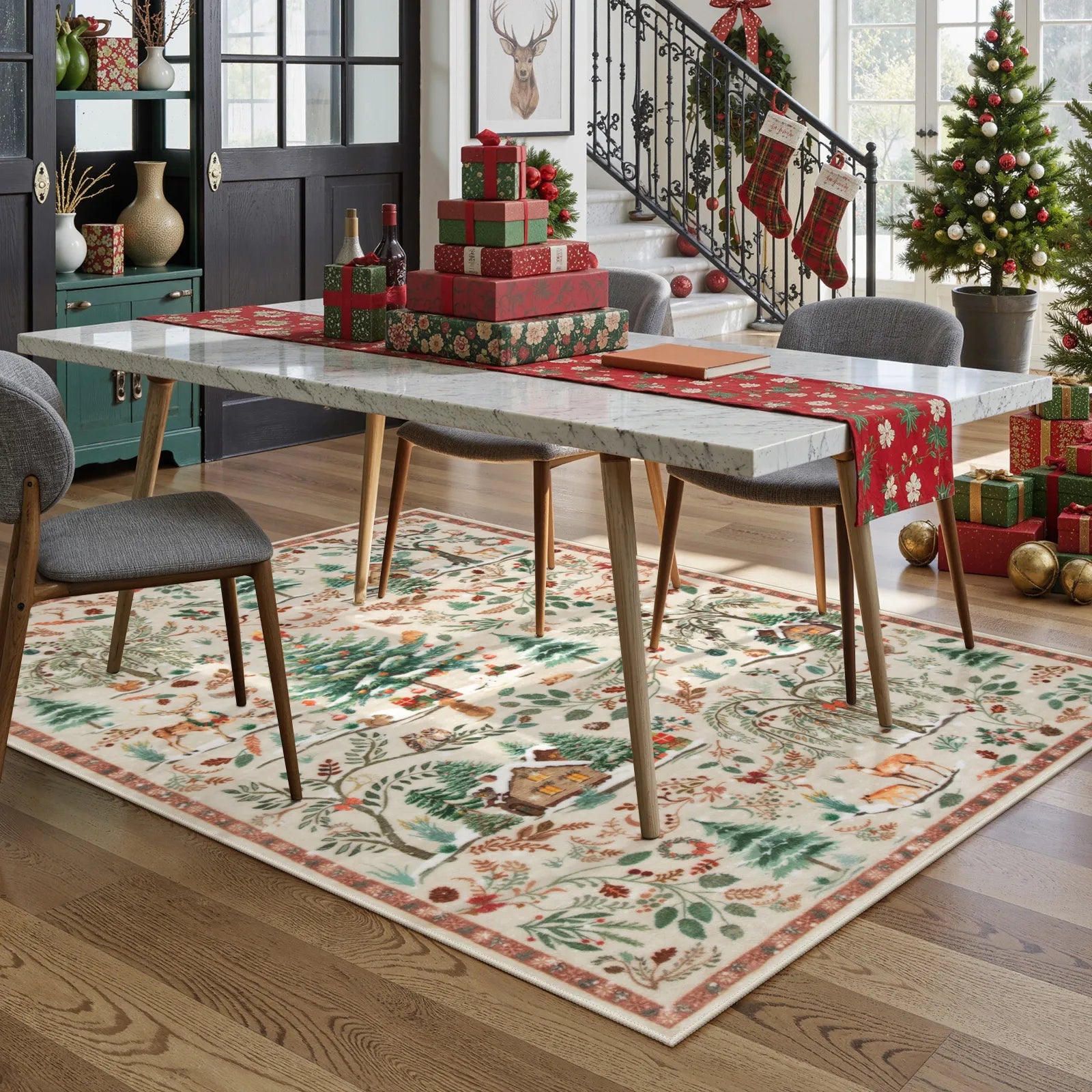 Jocelyn Christmas Washable Winter Woodland Cabin Beige Rug Area Rugs Lahome