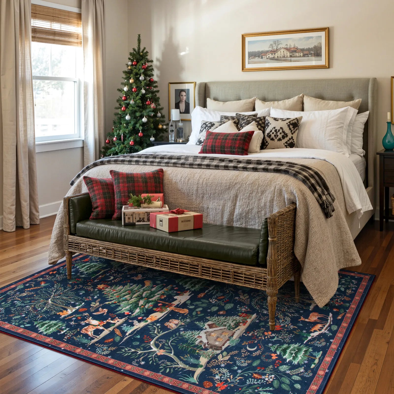 Jocelyn Christmas Washable Winter Woodland Cabin Blue Rug Area Rugs Lahome